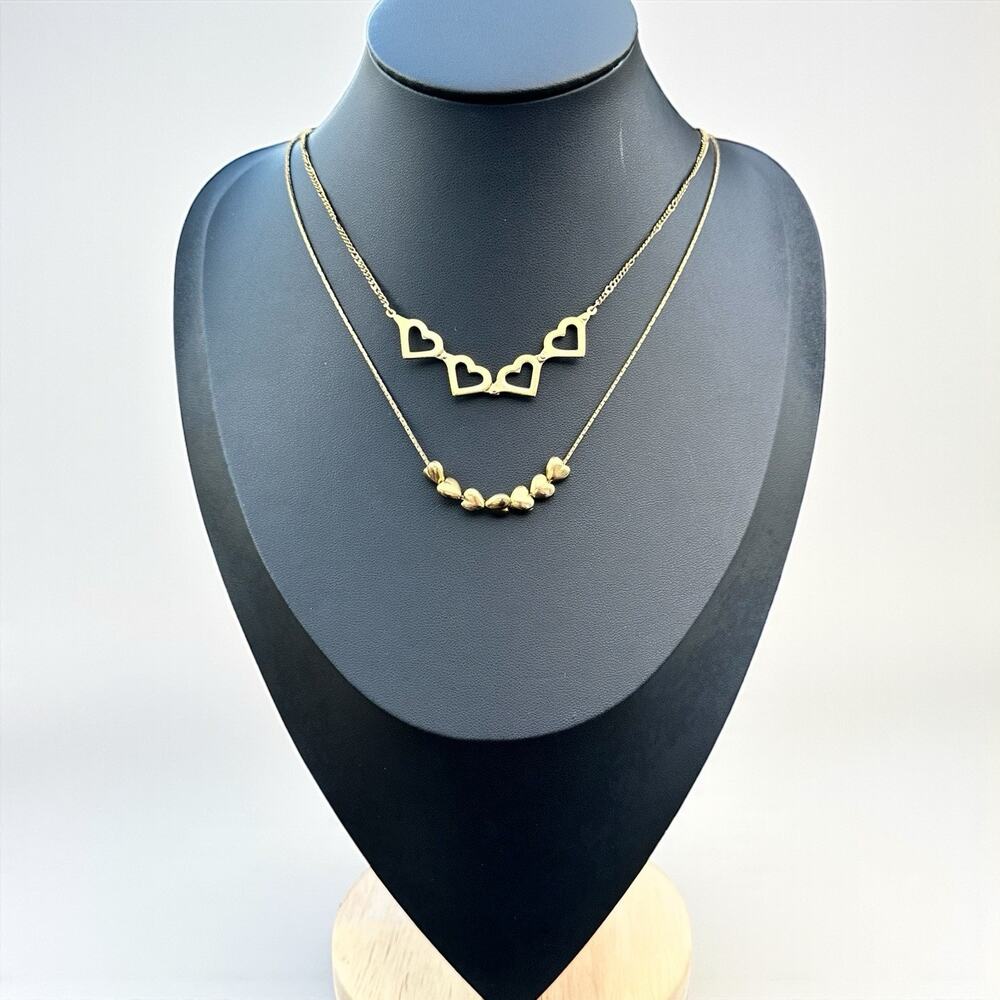 Heart Necklace Layering Set Gold Tone Chain Avon Articulated Clover Hearts Puffy